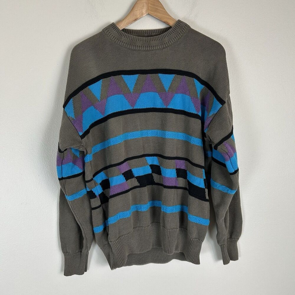 Vintage Color Block Sweater Men’s L Geometric Retro 90s Grandpa Crew Pullover